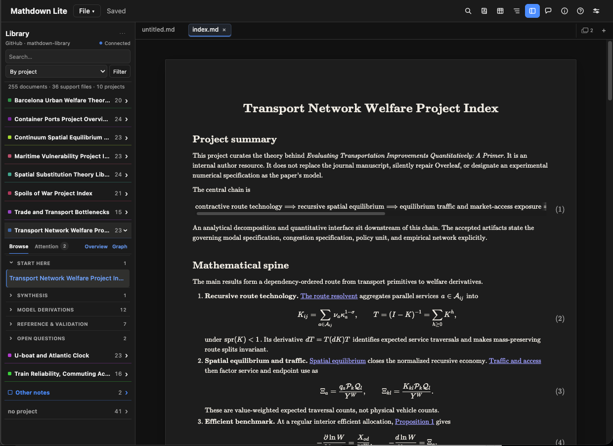 Dark research library interface showing theory projects, a document outline, and rendered mathematical notes