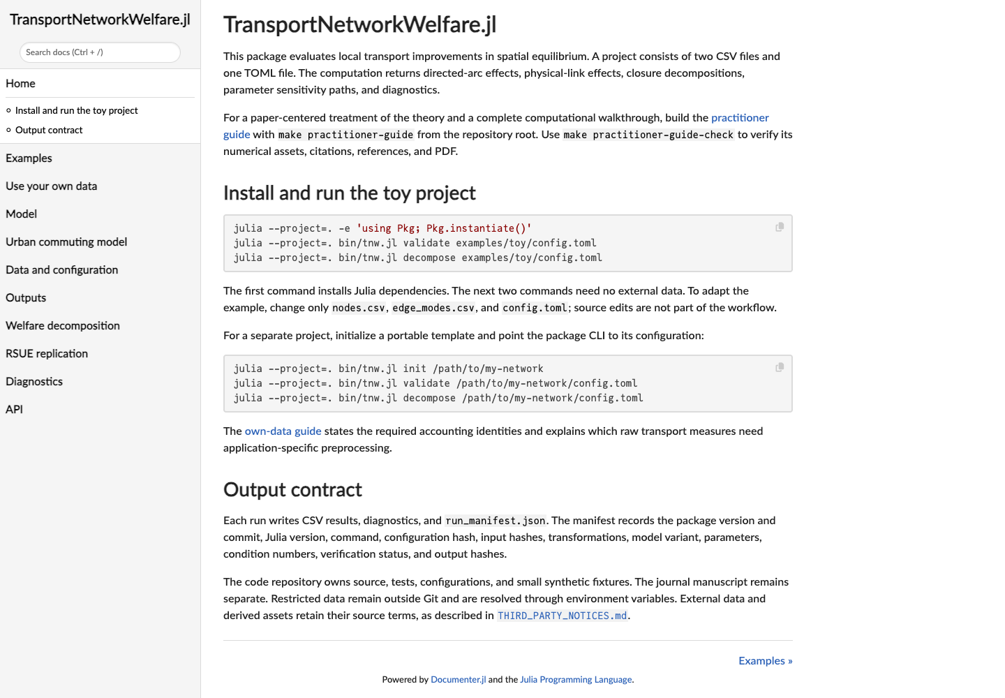 TransportNetworkWelfare.jl documentation showing the package overview, navigation, installation commands, and output contract